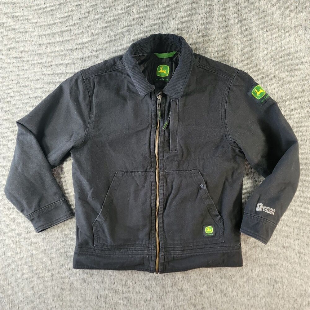 John Deere Kids Medium Black Canvas Work Jacket Corduroy Collar Quilted Lined